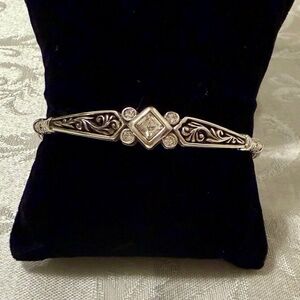 Brighton Zoe Bangle Bracelet Silver Tone Scroll Design Swarovski Crystal 2.75"